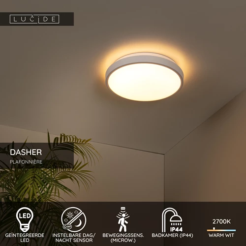 Lucide DASHER - Plafonnière Badkamer - Ø 29,3 cm - LED - 1x12W 2700K - IP44 - Beweging & dag/nacht sensor - Wit - USP